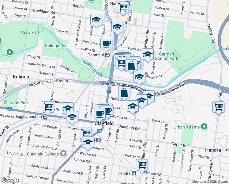 map of restaurants, bars, coffee shops, grocery stores, and more near 11 Wongara Street in Clayfield