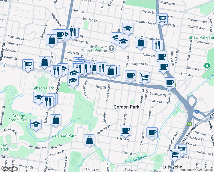 map of restaurants, bars, coffee shops, grocery stores, and more near 77 Haig Street in Gordon Park