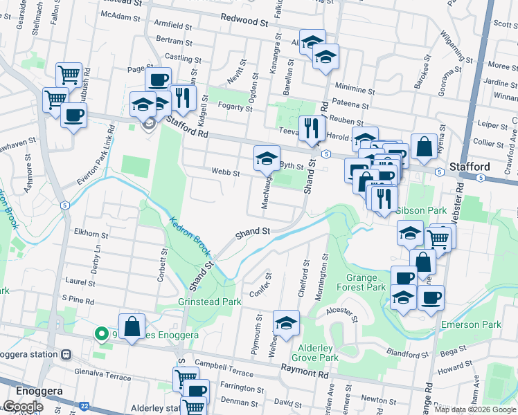 map of restaurants, bars, coffee shops, grocery stores, and more near 63 MacNaughton Street in Stafford