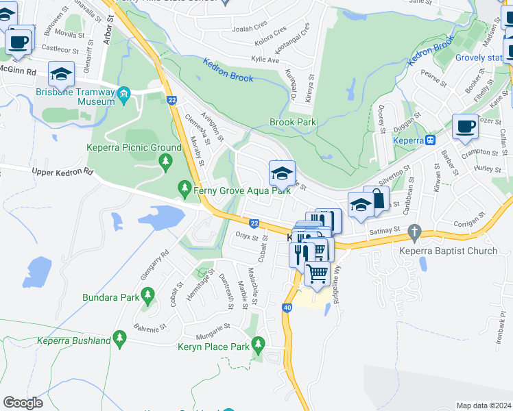 map of restaurants, bars, coffee shops, grocery stores, and more near 34 Camoola Street in Keperra