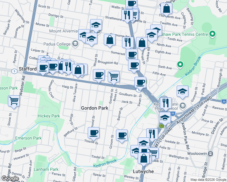 map of restaurants, bars, coffee shops, grocery stores, and more near 12 Gordon Street in Gordon Park