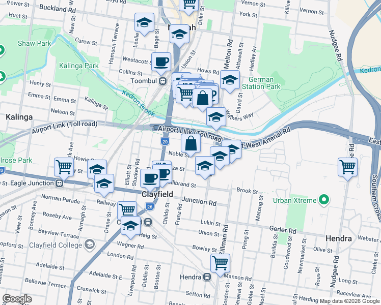 map of restaurants, bars, coffee shops, grocery stores, and more near 40 Noble Street in Clayfield