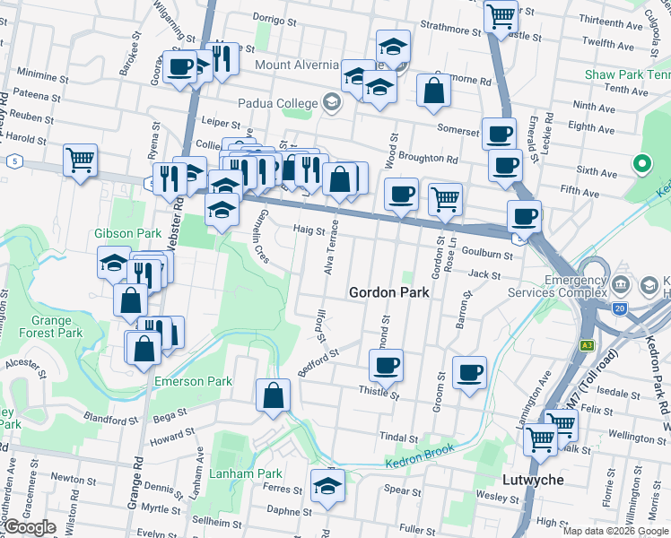 map of restaurants, bars, coffee shops, grocery stores, and more near 48 Alva Terrace in Gordon Park