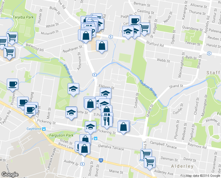 map of restaurants, bars, coffee shops, grocery stores, and more near Elkhorn Street in Enoggera