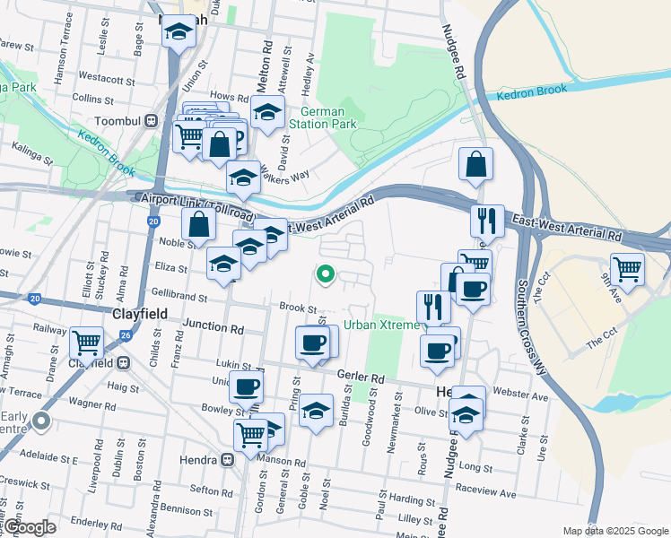 map of restaurants, bars, coffee shops, grocery stores, and more near 139 Pring Street in Hendra