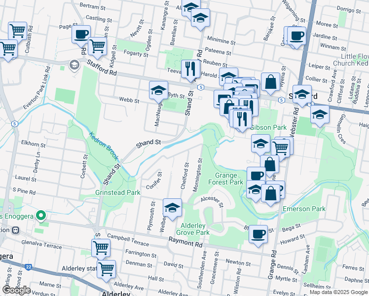 map of restaurants, bars, coffee shops, grocery stores, and more near 180 Royal Parade in Alderley