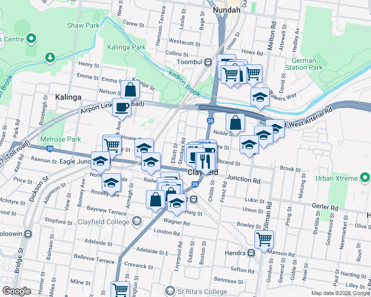map of restaurants, bars, coffee shops, grocery stores, and more near 31 Stuckey Road in Clayfield