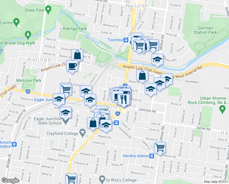 map of restaurants, bars, coffee shops, grocery stores, and more near 32 Alma Road in Clayfield