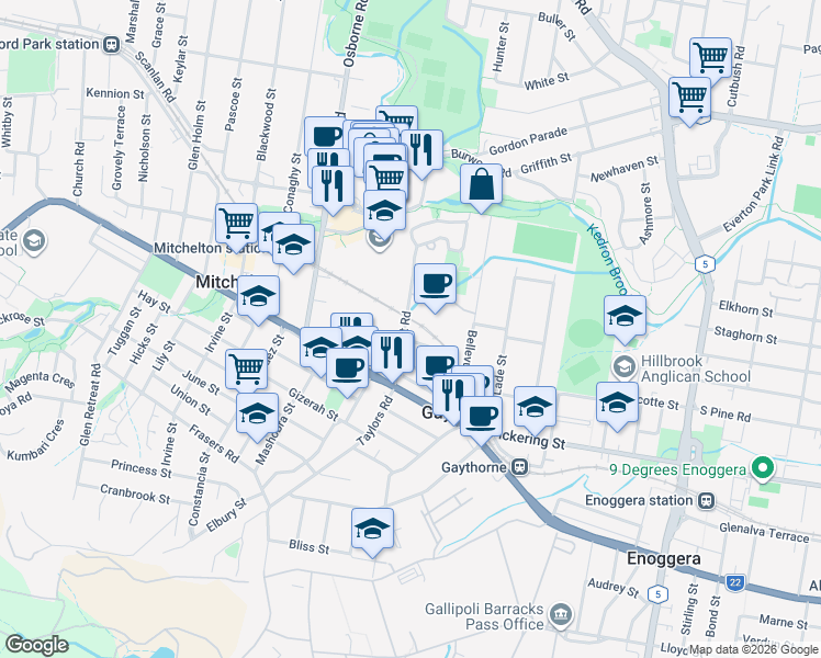 map of restaurants, bars, coffee shops, grocery stores, and more near 37 Prospect Road in Gaythorne
