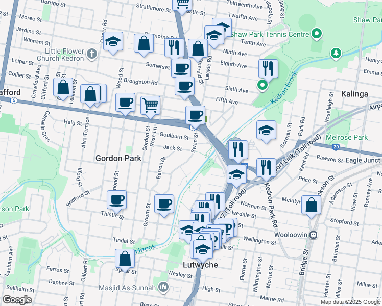 map of restaurants, bars, coffee shops, grocery stores, and more near 2 Jack Street in Gordon Park