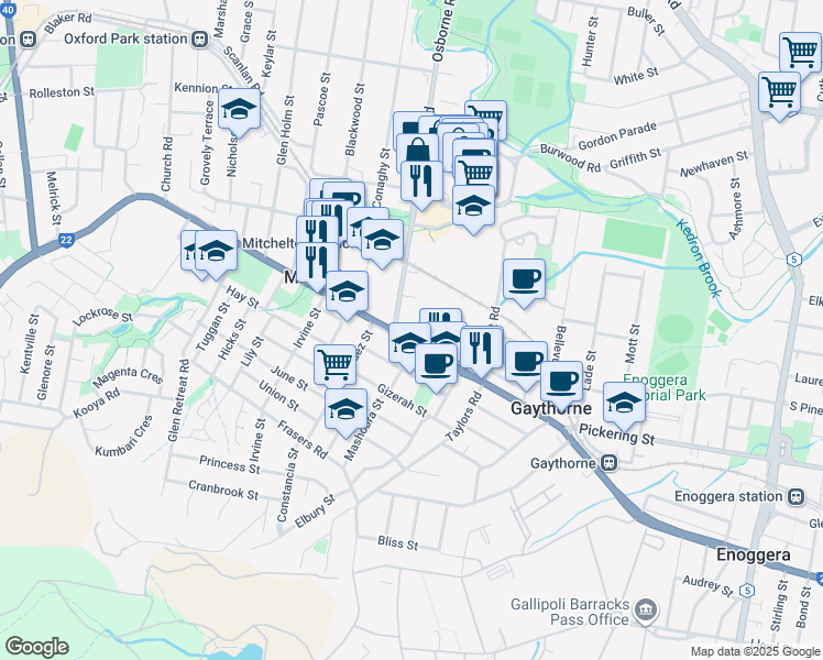 map of restaurants, bars, coffee shops, grocery stores, and more near 501 Samford Road in Mitchelton