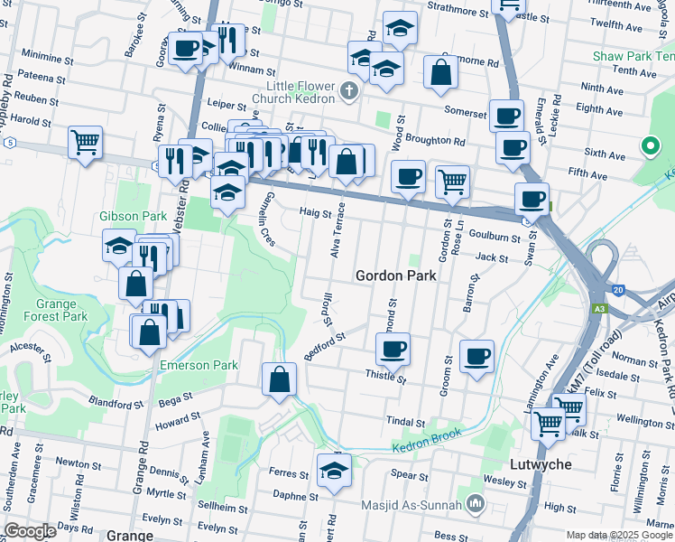 map of restaurants, bars, coffee shops, grocery stores, and more near 66 Alva Terrace in Gordon Park