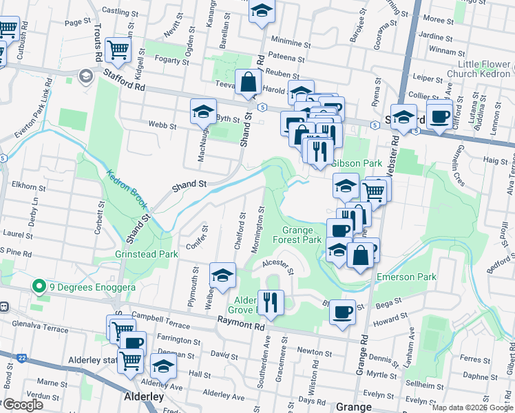 map of restaurants, bars, coffee shops, grocery stores, and more near 112 Mornington Street in Alderley