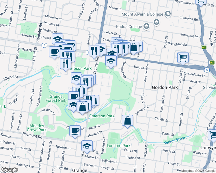 map of restaurants, bars, coffee shops, grocery stores, and more near Babarra Street in Stafford