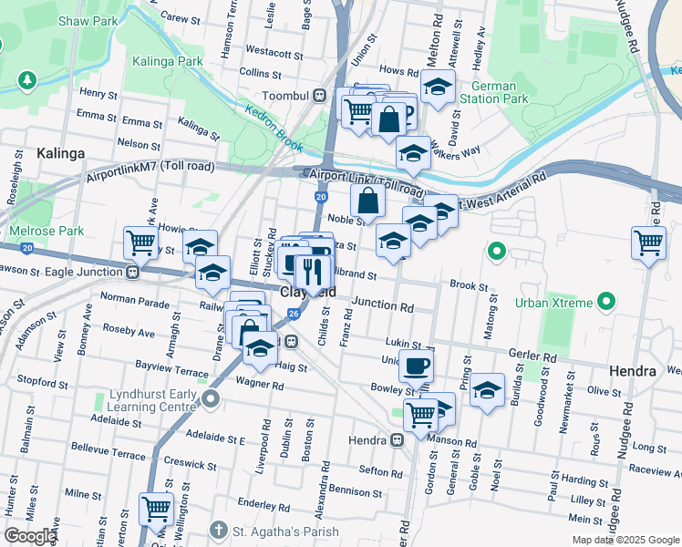 map of restaurants, bars, coffee shops, grocery stores, and more near 27 Gellibrand Street in Clayfield
