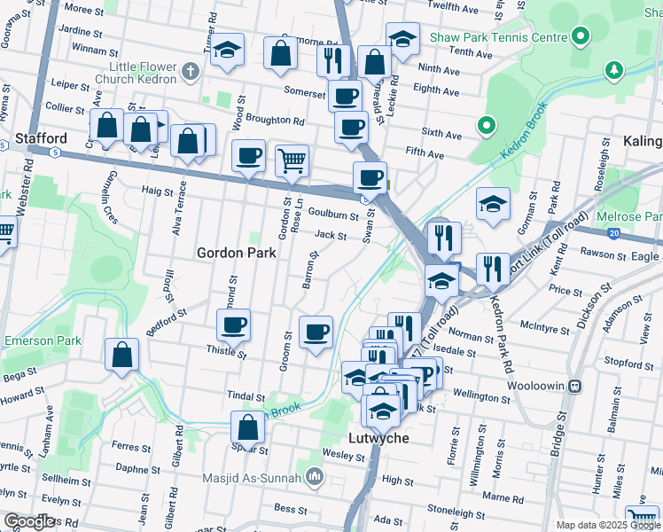 map of restaurants, bars, coffee shops, grocery stores, and more near 79 Swan Street in Gordon Park