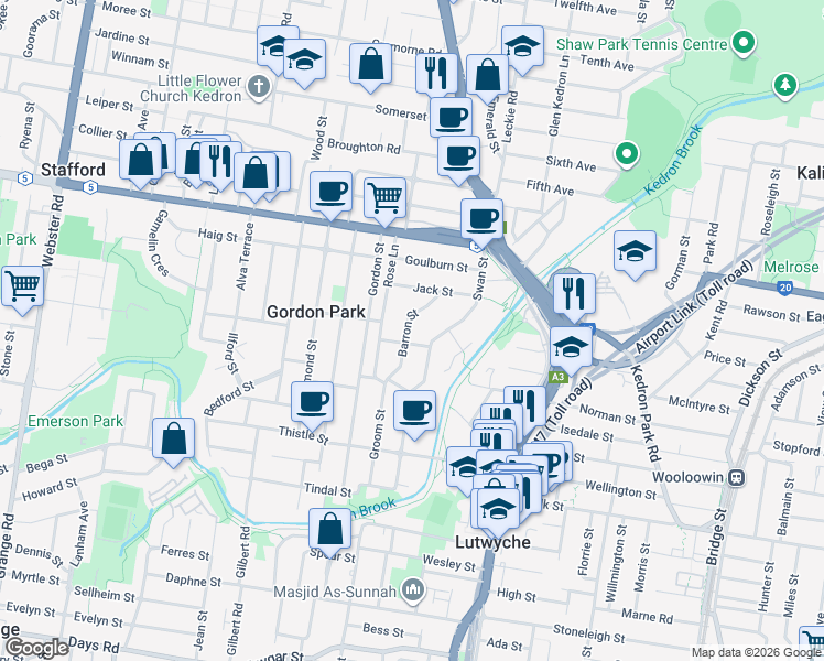 map of restaurants, bars, coffee shops, grocery stores, and more near 35 Barron Street in Gordon Park
