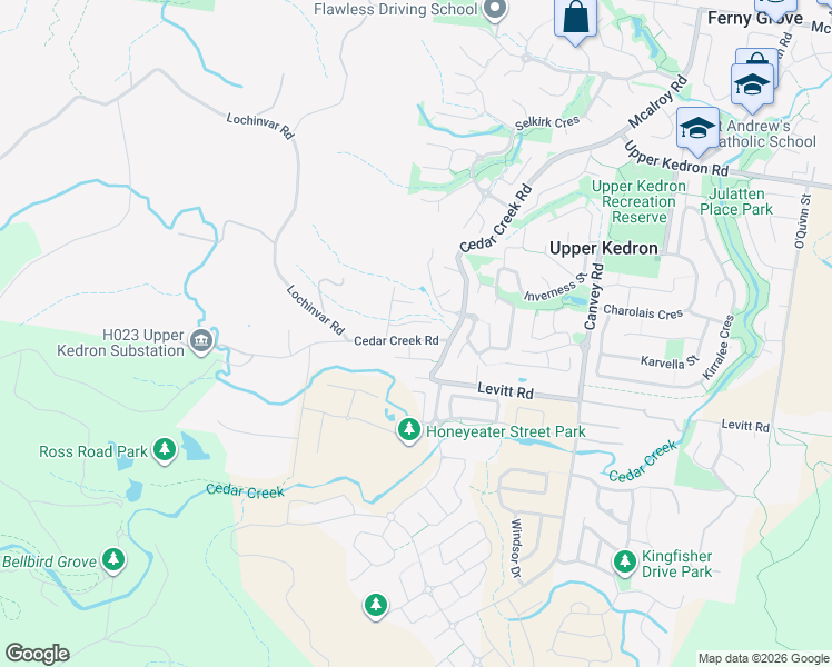 map of restaurants, bars, coffee shops, grocery stores, and more near 139 Cedar Creek Road in Upper Kedron