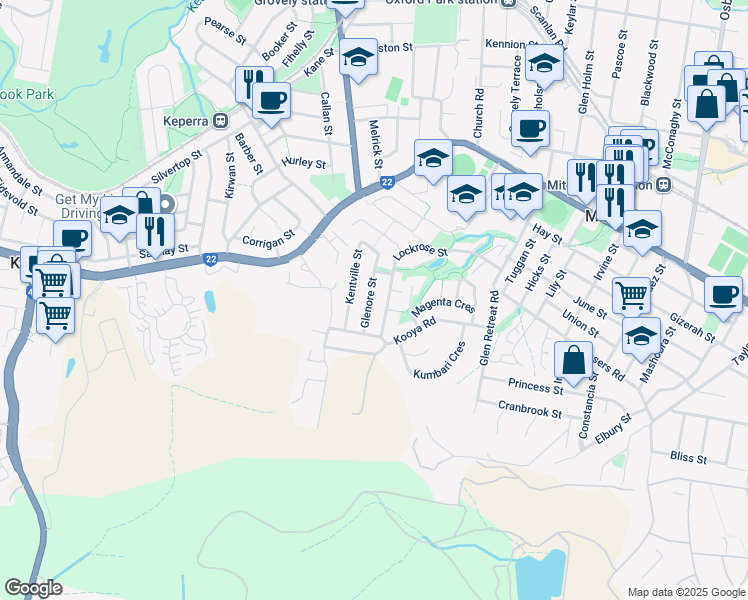 map of restaurants, bars, coffee shops, grocery stores, and more near 17 Glenore Street in Mitchelton