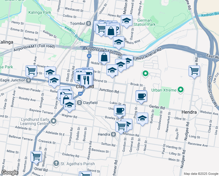 map of restaurants, bars, coffee shops, grocery stores, and more near 51 Junction Road in Clayfield