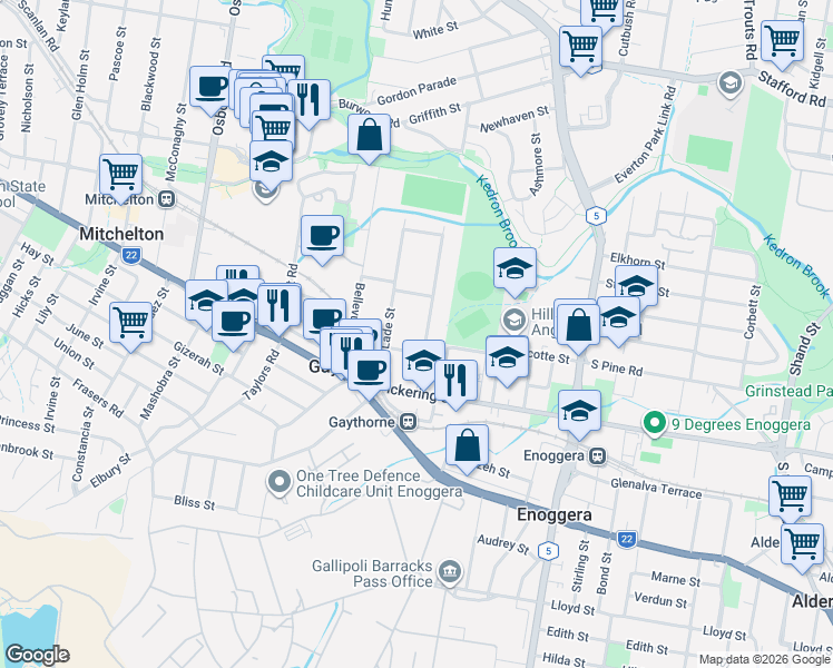 map of restaurants, bars, coffee shops, grocery stores, and more near 38 Mott Street in Gaythorne