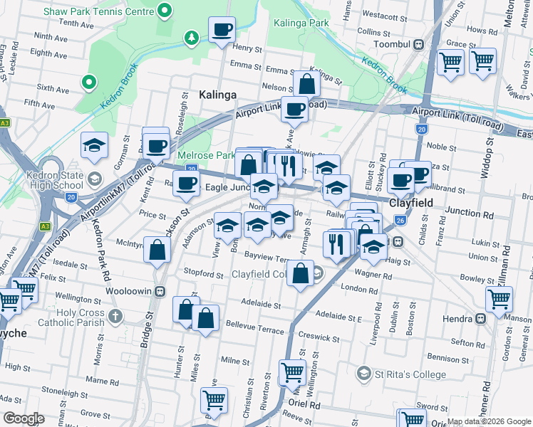 map of restaurants, bars, coffee shops, grocery stores, and more near 27 Norman Parade in Clayfield