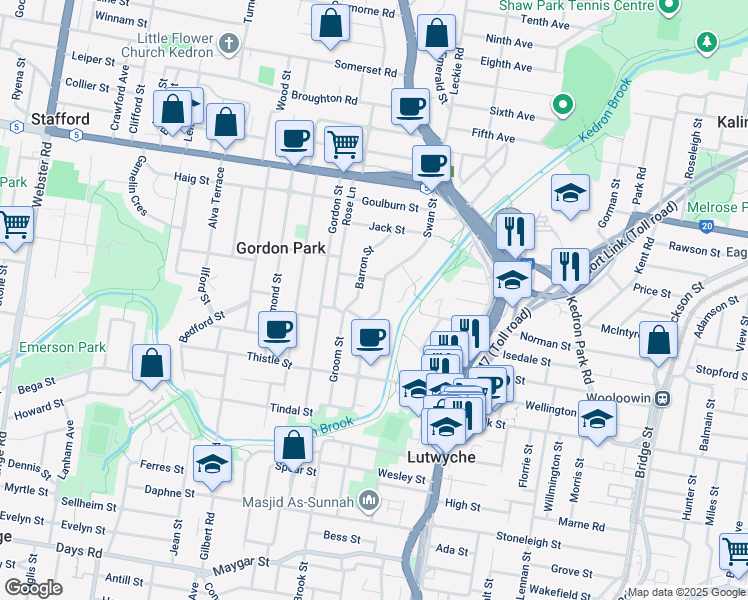 map of restaurants, bars, coffee shops, grocery stores, and more near 115 Swan Street in Gordon Park