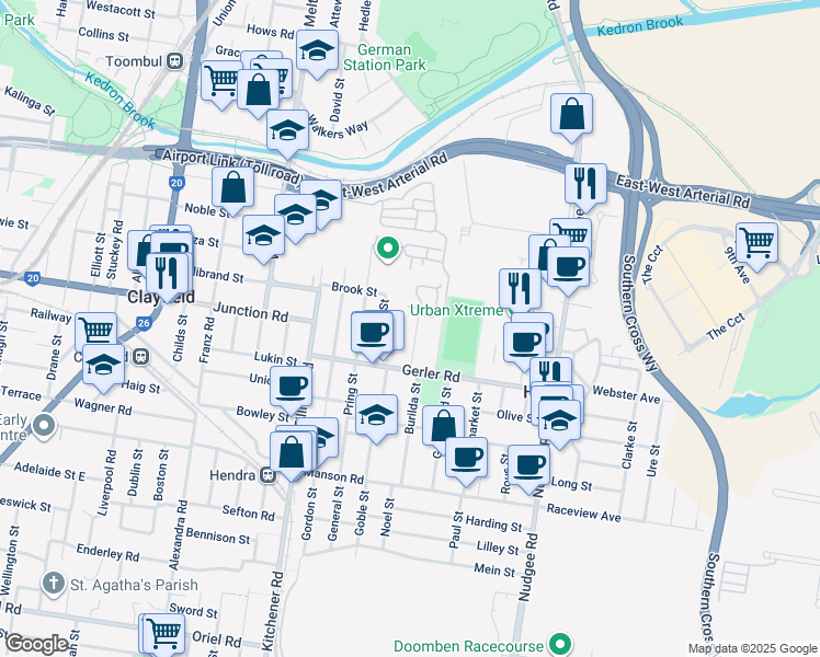 map of restaurants, bars, coffee shops, grocery stores, and more near 28 Blaikie Street in Hendra