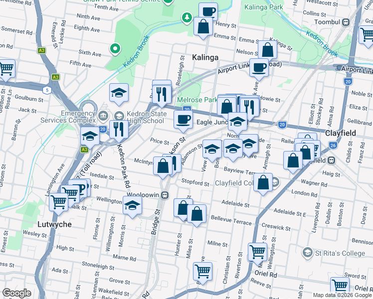 map of restaurants, bars, coffee shops, grocery stores, and more near 55 Adamson Street in Wooloowin