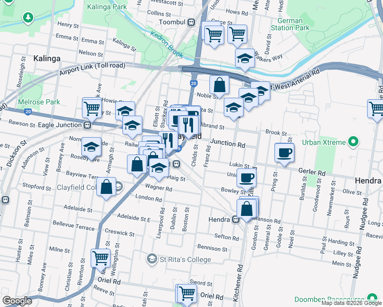 map of restaurants, bars, coffee shops, grocery stores, and more near 19 Childs Street in Clayfield