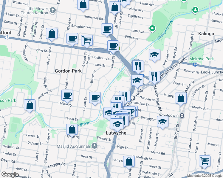 map of restaurants, bars, coffee shops, grocery stores, and more near 55 Norman Avenue in Lutwyche
