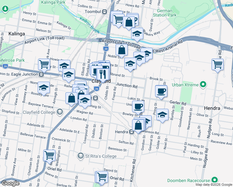map of restaurants, bars, coffee shops, grocery stores, and more near 33 Franz Road in Clayfield