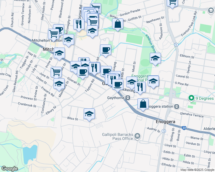 map of restaurants, bars, coffee shops, grocery stores, and more near 468 Samford Road in Gaythorne