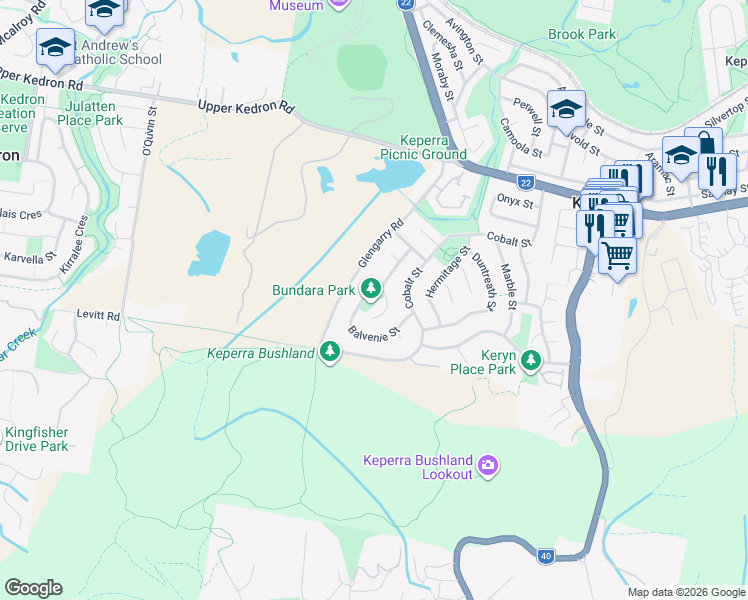 map of restaurants, bars, coffee shops, grocery stores, and more near 36 Balvenie Street in Keperra