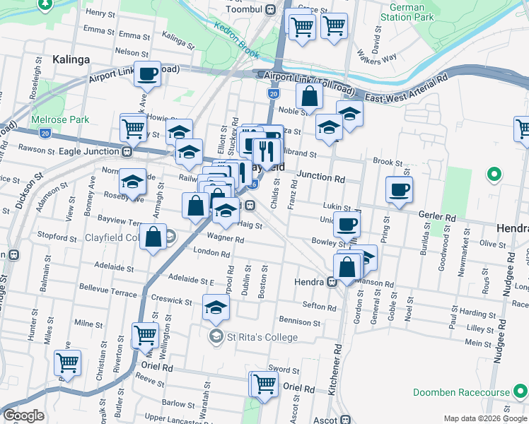 map of restaurants, bars, coffee shops, grocery stores, and more near 45 Collins Street in Clayfield