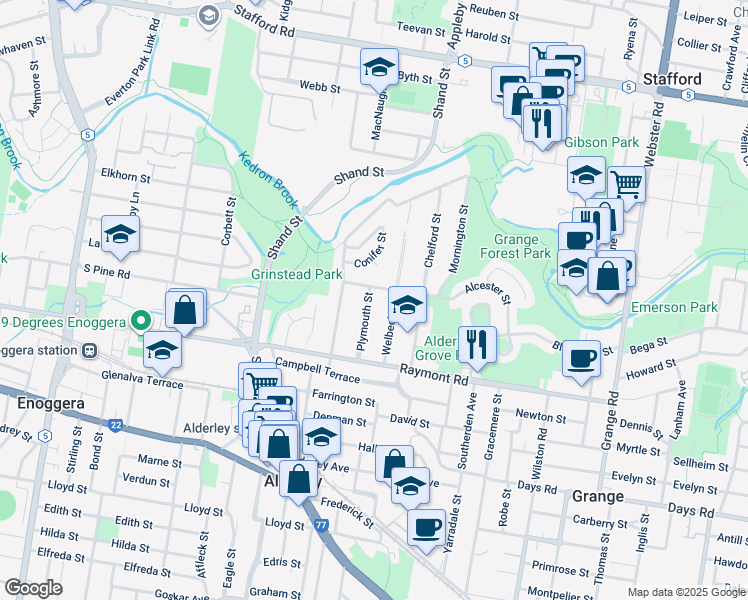 map of restaurants, bars, coffee shops, grocery stores, and more near 49 Plymouth Street in Alderley