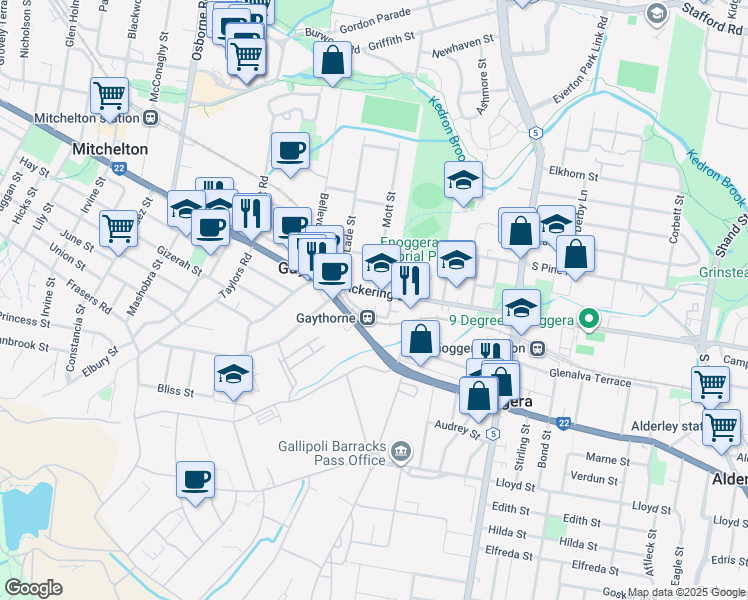 map of restaurants, bars, coffee shops, grocery stores, and more near 242 Pickering Street in Gaythorne