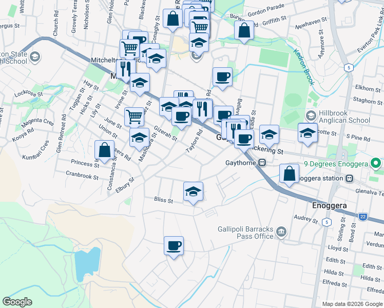 map of restaurants, bars, coffee shops, grocery stores, and more near 21 Lucy Street in Gaythorne