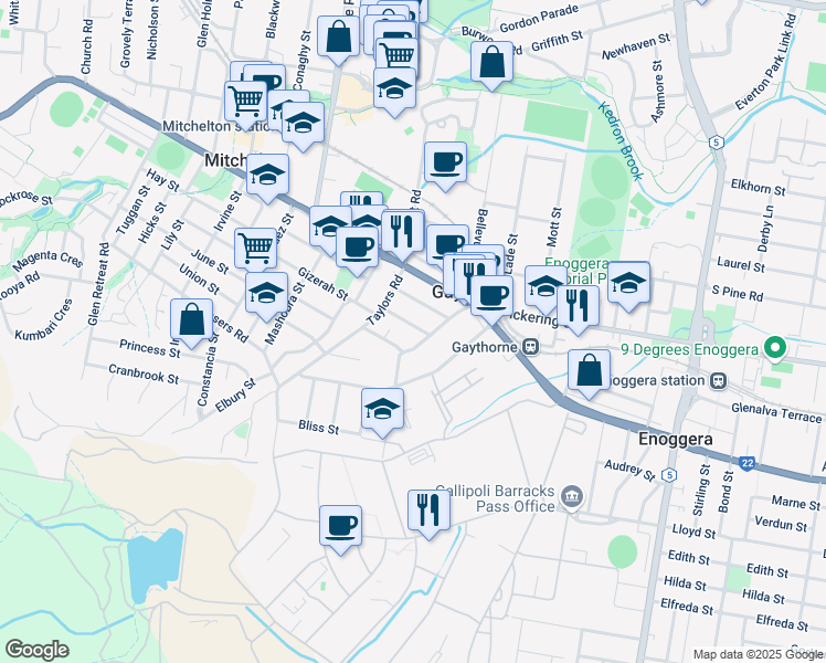 map of restaurants, bars, coffee shops, grocery stores, and more near 10 Mitcham Street in Gaythorne