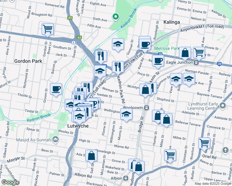 map of restaurants, bars, coffee shops, grocery stores, and more near 59 Norman Street in Wooloowin