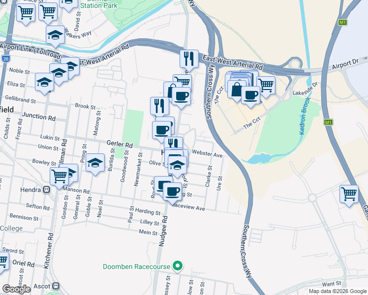 map of restaurants, bars, coffee shops, grocery stores, and more near 15 Bulli Street in Hendra