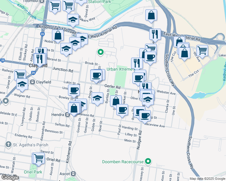 map of restaurants, bars, coffee shops, grocery stores, and more near 77 Gerler Road in Hendra