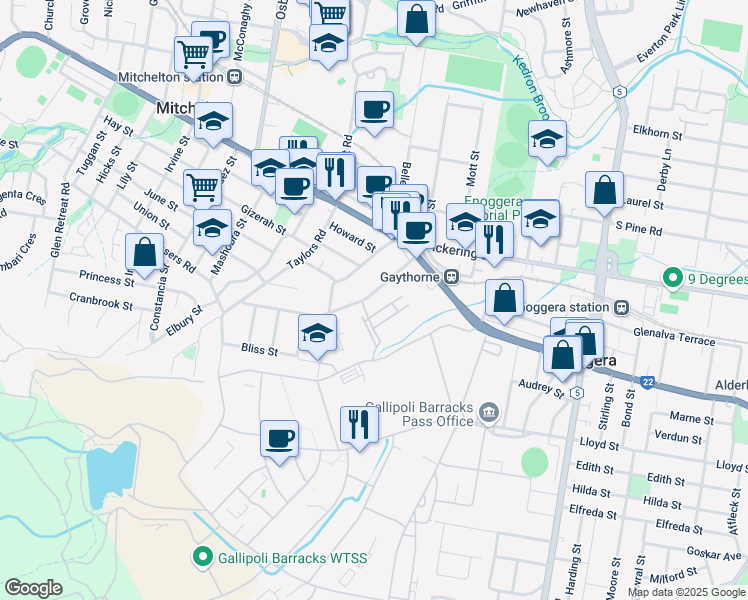 map of restaurants, bars, coffee shops, grocery stores, and more near 48 Grays Road in Gaythorne