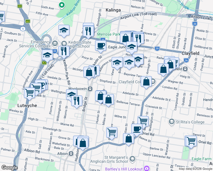 map of restaurants, bars, coffee shops, grocery stores, and more near 57 Balmain Street in Wooloowin