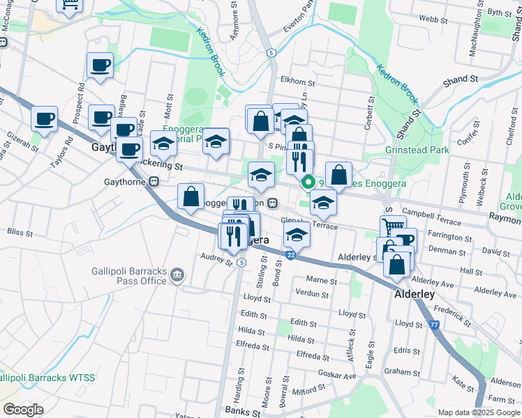 map of restaurants, bars, coffee shops, grocery stores, and more near 111 Glenalva Terrace in Enoggera