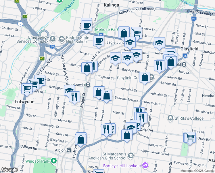 map of restaurants, bars, coffee shops, grocery stores, and more near 17 Victoria Parade in Clayfield
