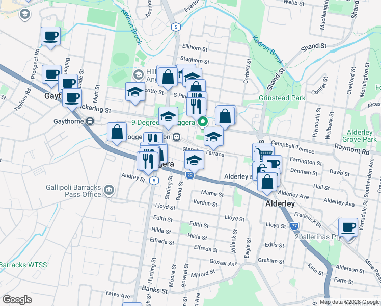 map of restaurants, bars, coffee shops, grocery stores, and more near 76 Glenalva Terrace in Enoggera