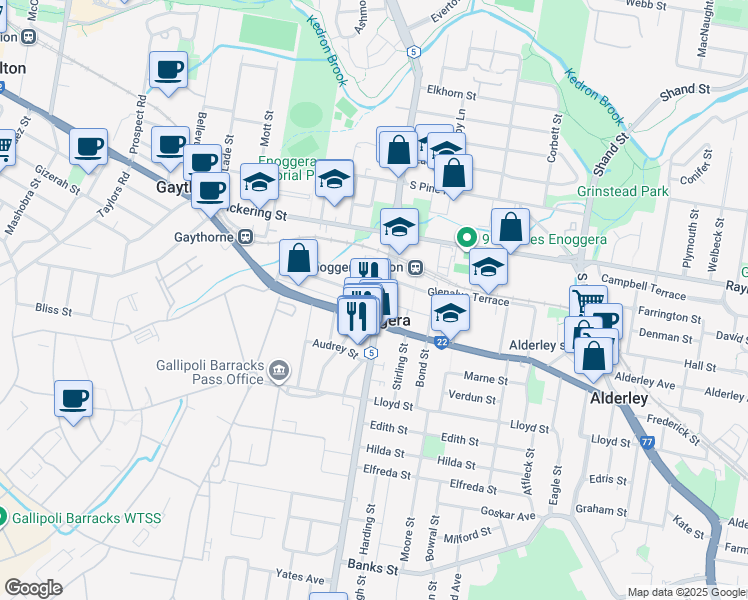map of restaurants, bars, coffee shops, grocery stores, and more near 344 Wardell Street in Enoggera