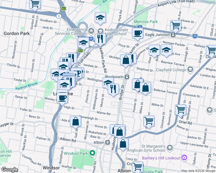 map of restaurants, bars, coffee shops, grocery stores, and more near 33 Chalk Street in Wooloowin