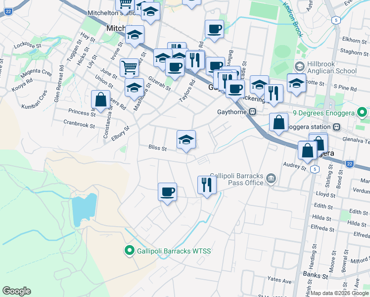 map of restaurants, bars, coffee shops, grocery stores, and more near 23 Taurama Street in Gaythorne